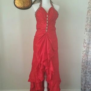 Tiffany Designs Red Jeweled Halter Prom Dress